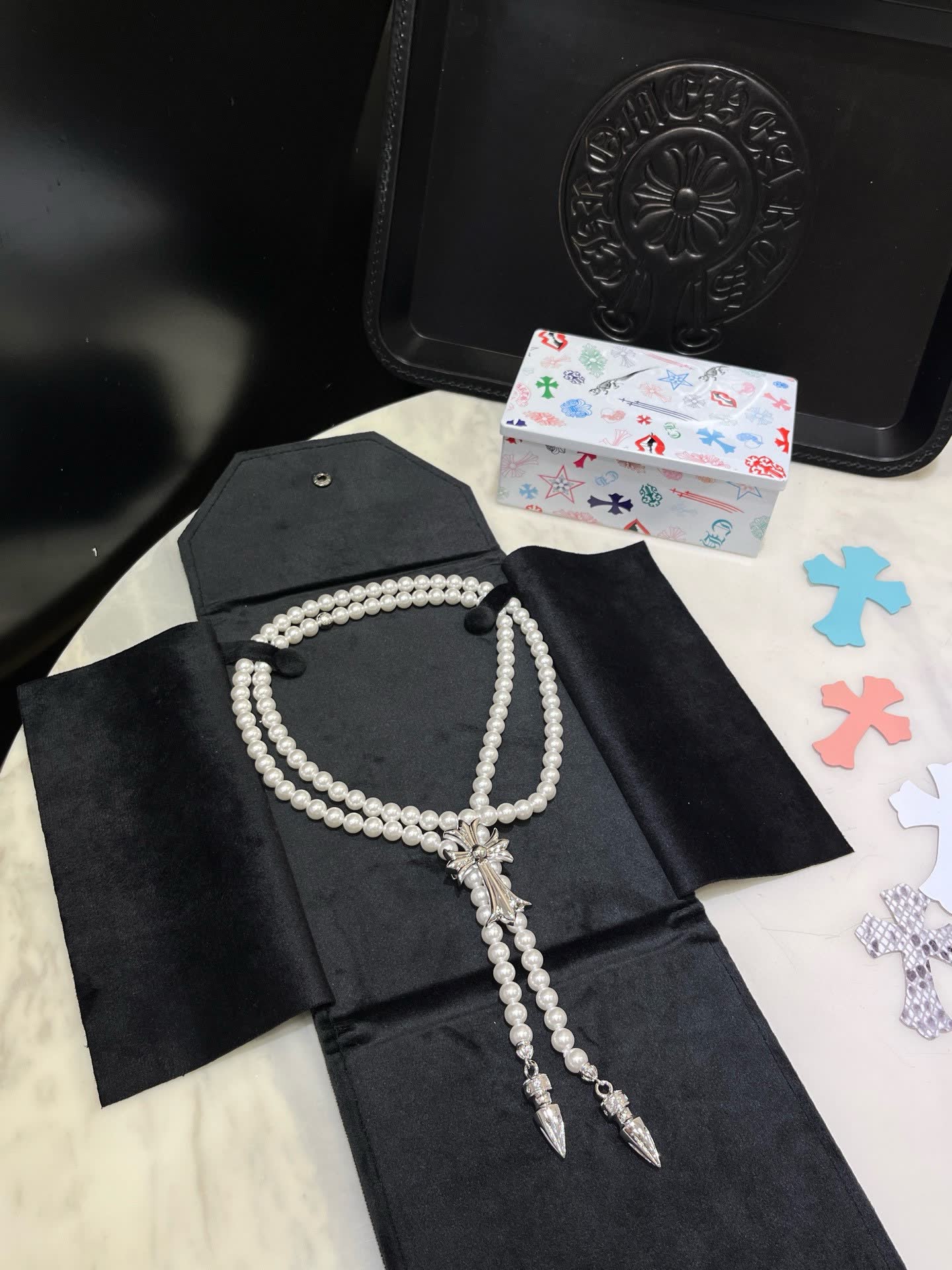 Chrome Hearts Black Velvet Corset with Pearl Necklace
